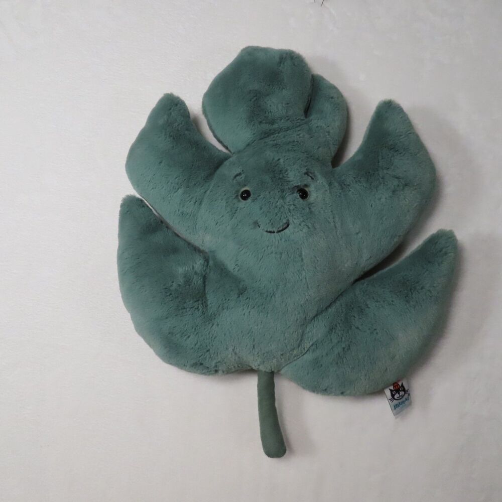 Jellycat Amuseable Monstera Leaf Plush Stuffed Toy Teal Green Smiley Face London